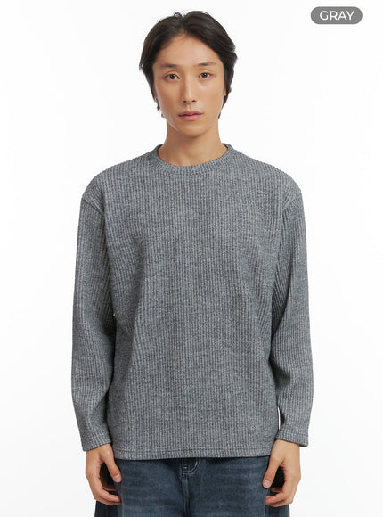 mens-ribbed-round-neck-long-sleeve-tee-io402 / Gray