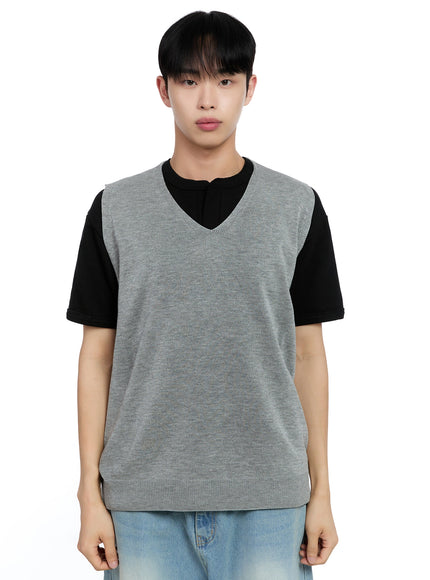 mens-linen-v-neck-knit-vest-ig520 / Gray