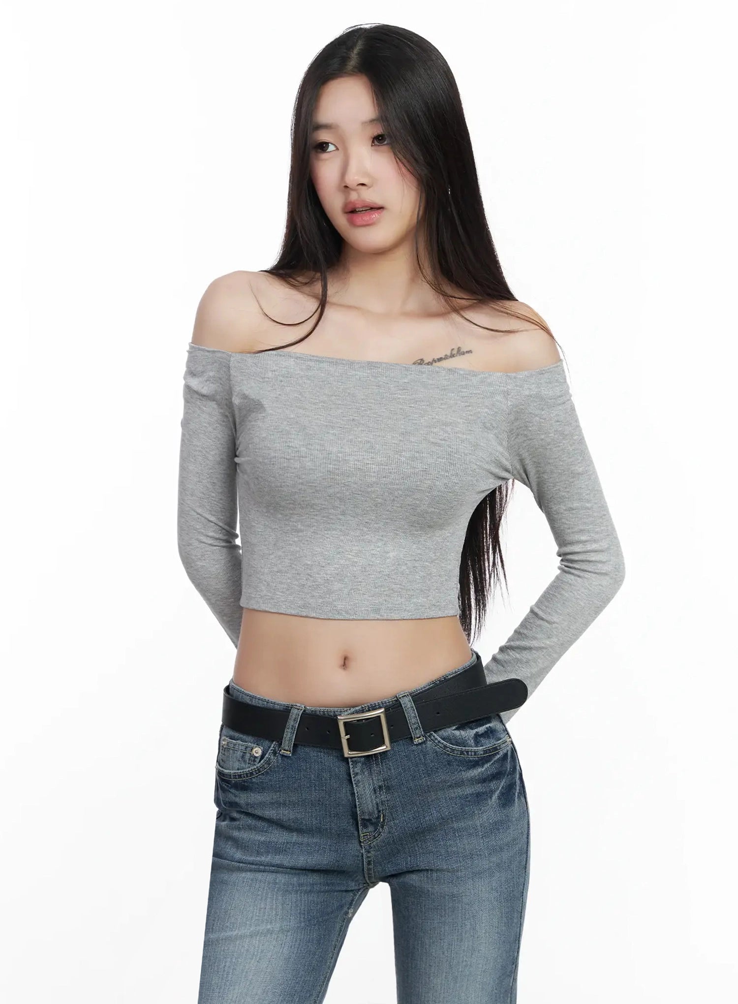 off-shoulder-ribbed-crop-top-im503 / Gray