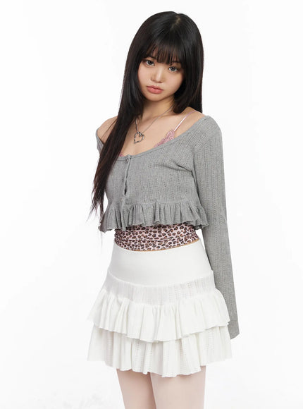 pointelle-layered-ruffle-crop-cardigan-ia523 / Gray