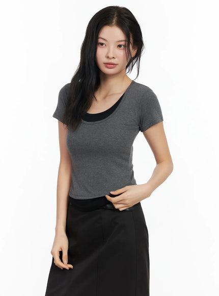 u-neck-layered-short-sleeve-top-im524 / Dark gray