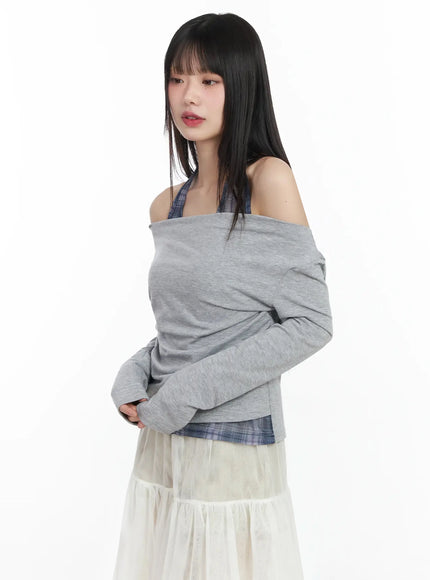 plaid-layered-off-shoulder-top-im523 / Gray
