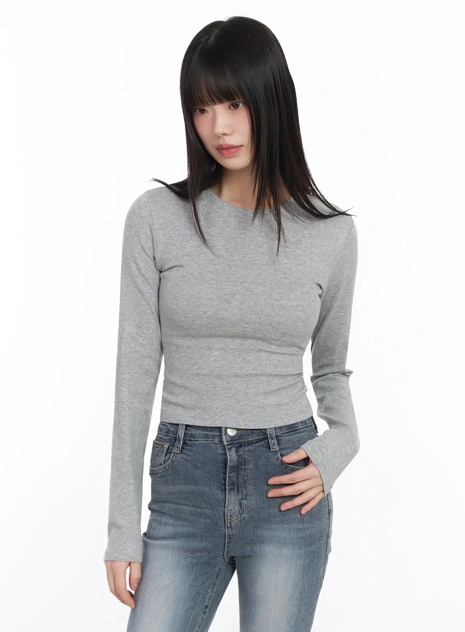 slim-fit-long-sleeve-crop-top-im523 / Gray