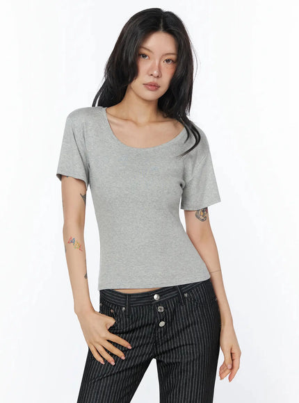 casual-round-neck-short-sleeve-top-iu508 / Gray