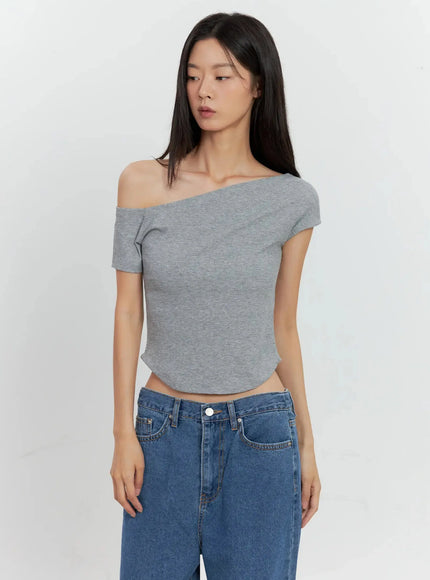 asymmetric-ribbed-short-sleeve-il528 / Gray