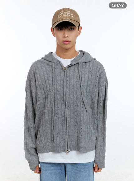 mens-cable-knit-hooded-zip-up-sweater-ig416 / Gray