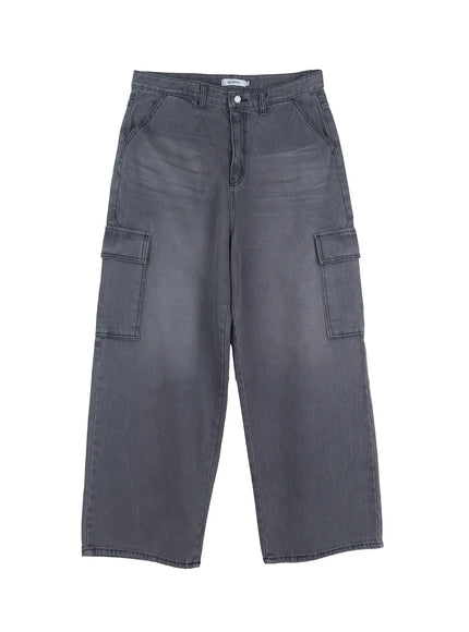 mens-wide-leg-cargo-denim-jeans-il518 / Gray