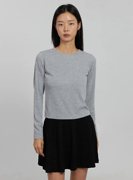 round-ribbed-long-sleeve-top-ij508 / Gray