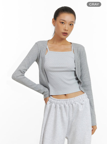 solid-slim-fit-crop-cardigan-io409 / Gray