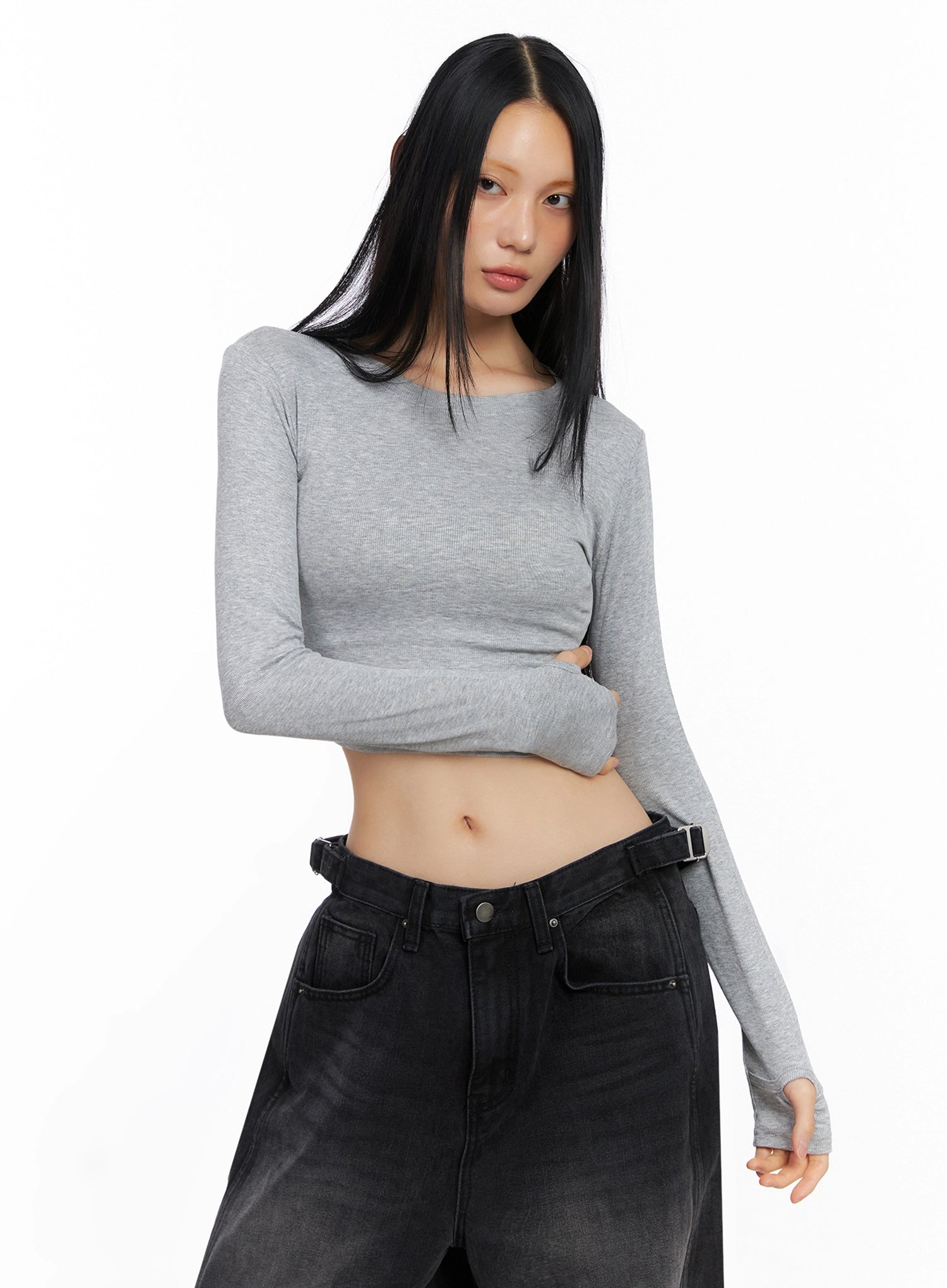 ribbed-long-sleeve-crop-top-co517 / Gray