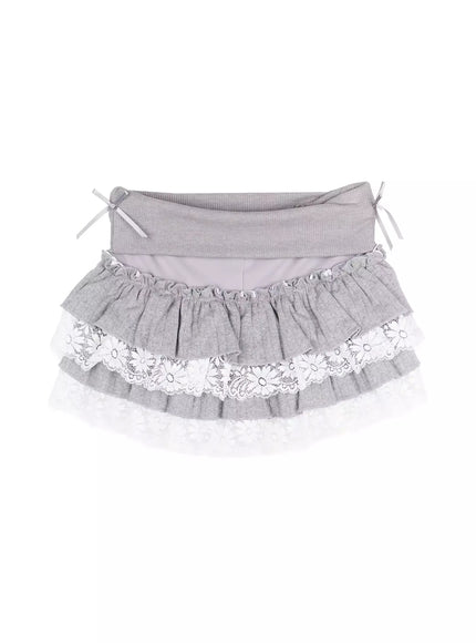 lace-trim-tiered-mini-skirt-iu518 / Gray