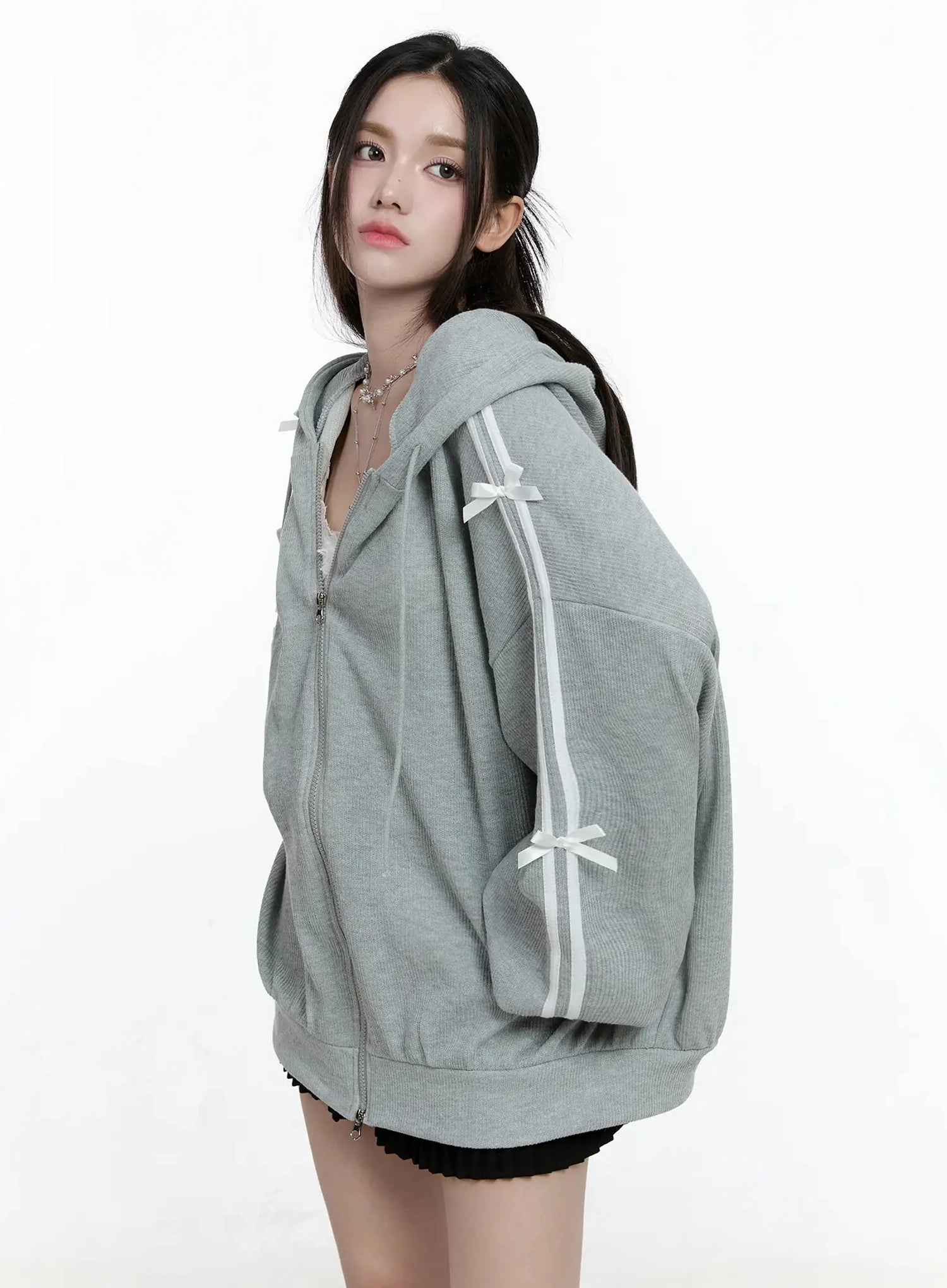 contrast-oversized-zip-up-hoodie-io527 / Gray