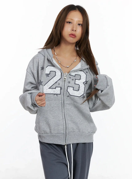number-graphic-zip-up-hoodie-in528 / Gray
