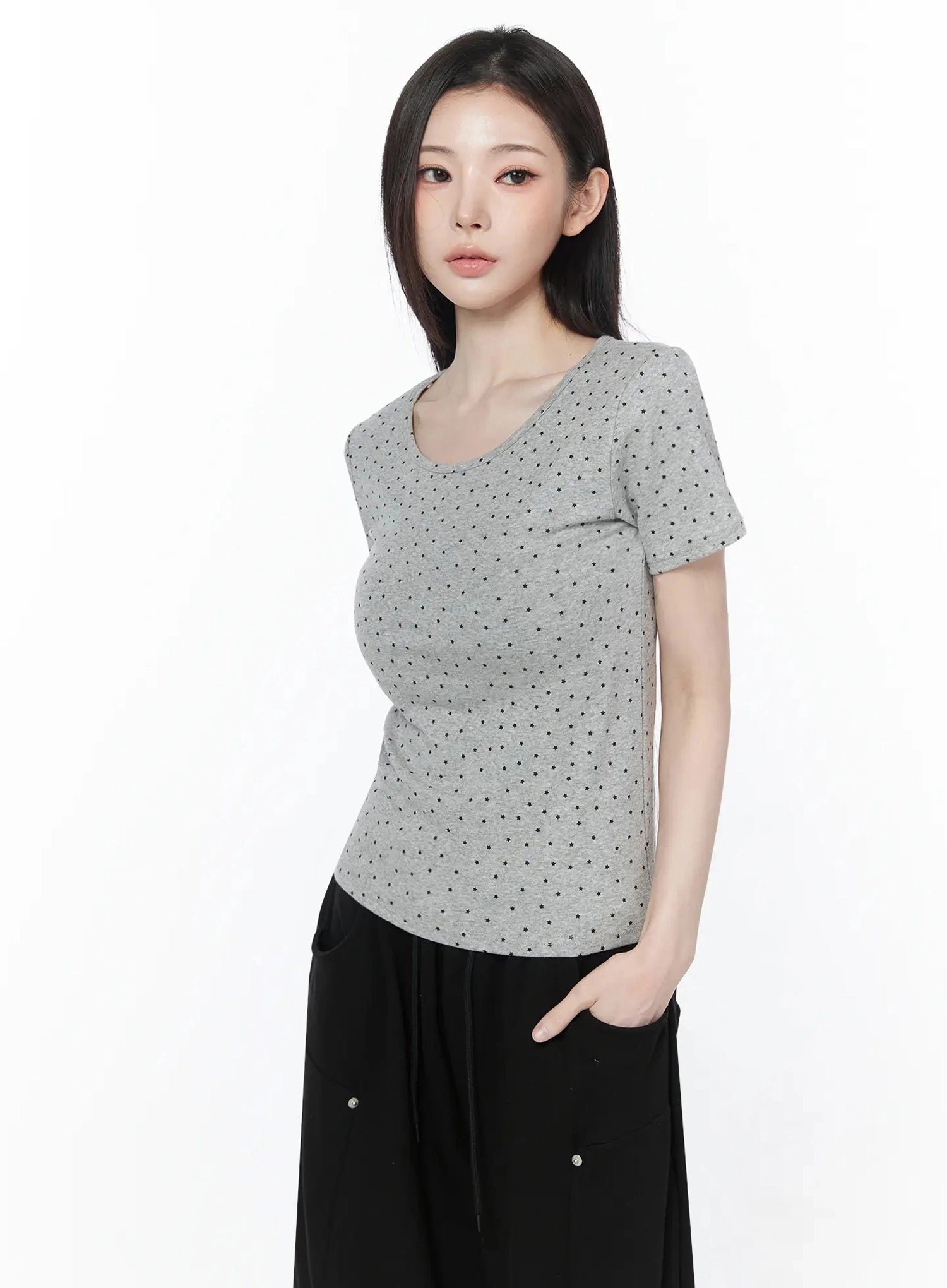 polka-dot-round-neck-tee-iu512 / Gray