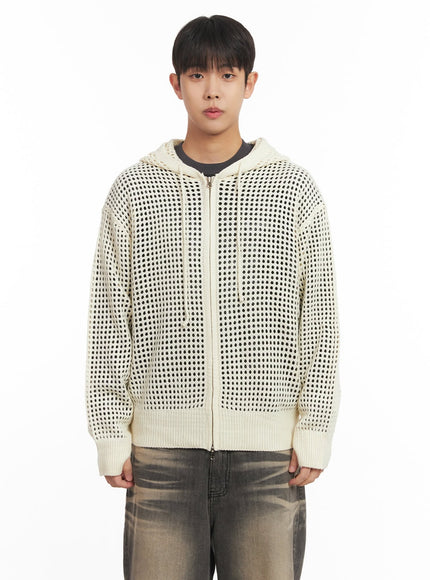 mens-mesh-knit-hooded-zip-up-jacket-im514 / Light beige