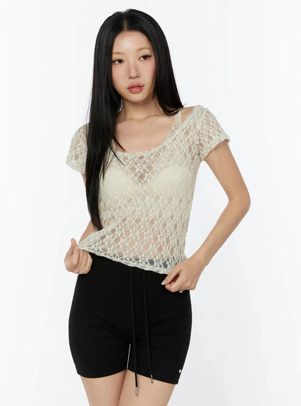 lace-sheer-cap-sleeve-top-iu522 / Light beige