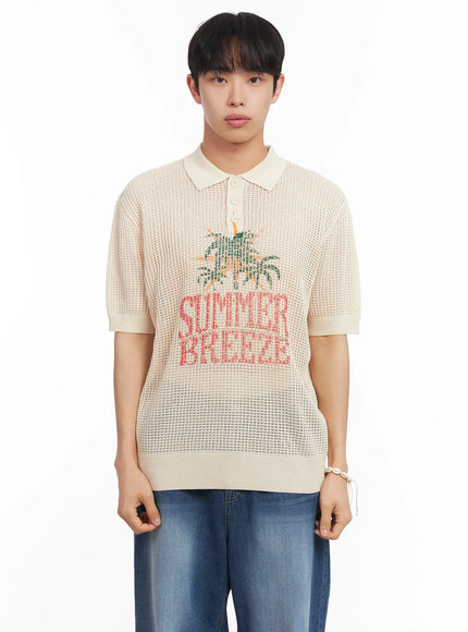 mens-graphic-short-sleeve-sweater-iu519 / Light beige