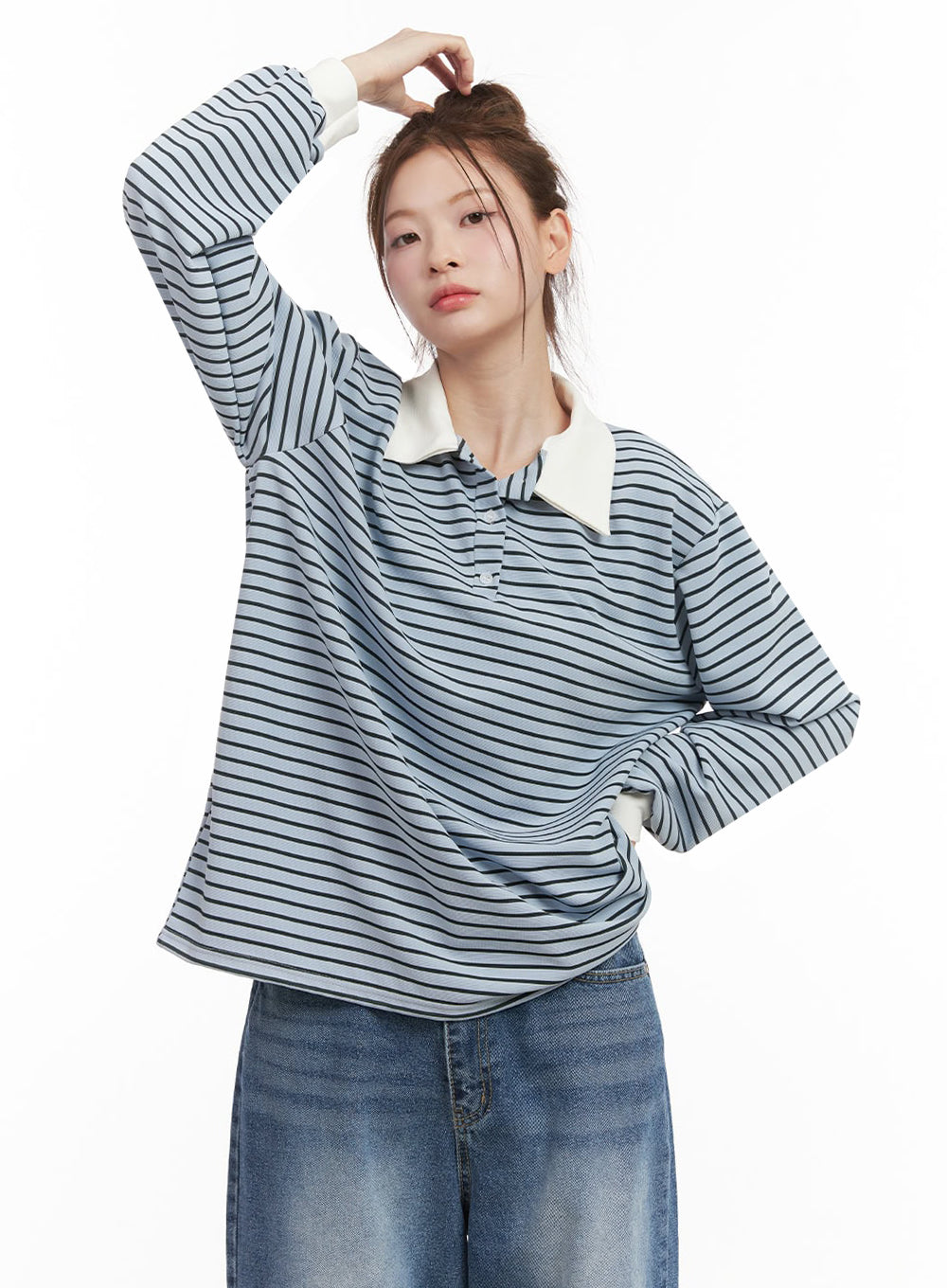 oversized-stripe-collared-long-sleeve-top-ij527 / Light blue