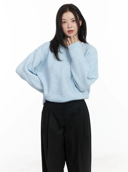 round-neck-knit-sweater-top-if520 / Light blue