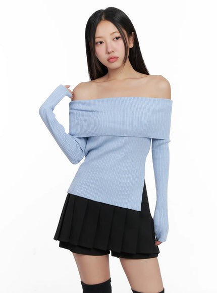 ribbed-folded-off-shoulder-top-ig527 / Light blue