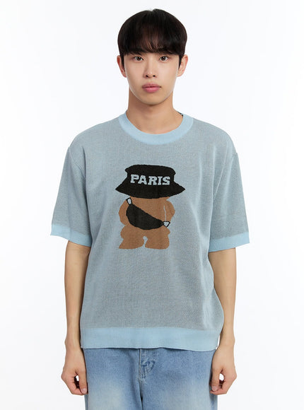 men-s-teddy-graphic-knit-t-shirt-iy530 / Light blue