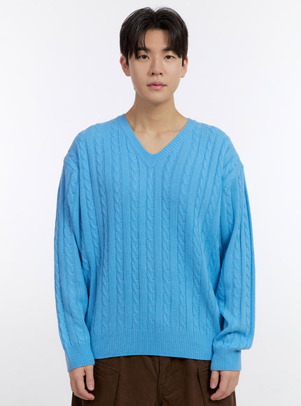 mens-cable-knit-v-neck-sweater-if528 / Light blue