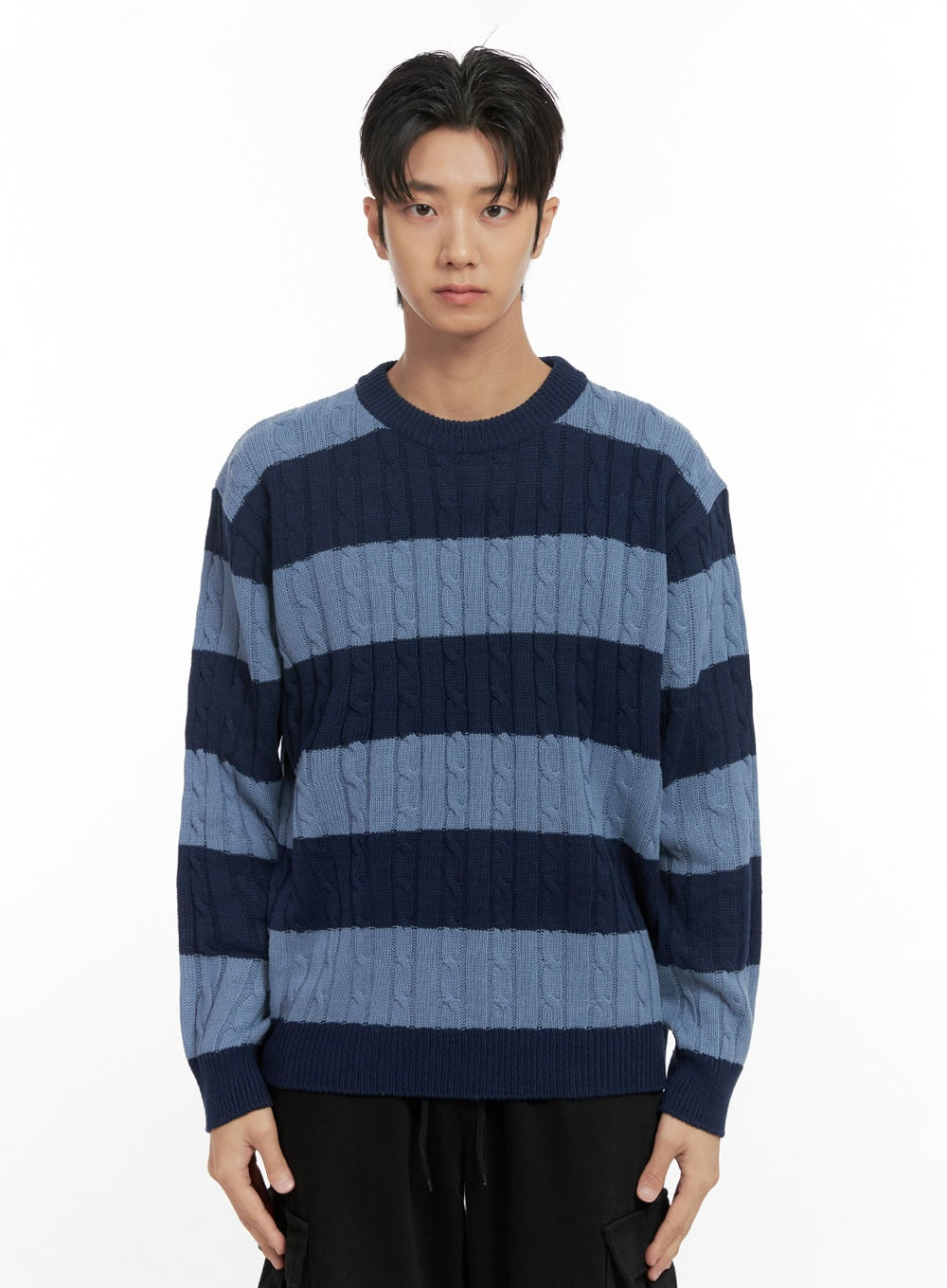 mens-stripe-cable-knit-sweater-id413 / Light blue