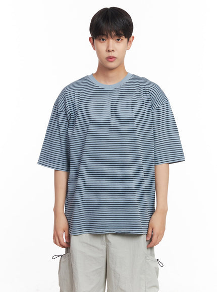 mens-cotton-striped-round-neck-t-shirt-iy522 / Light blue