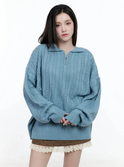 cable-knit-half-zip-sweater-io520 / Light blue
