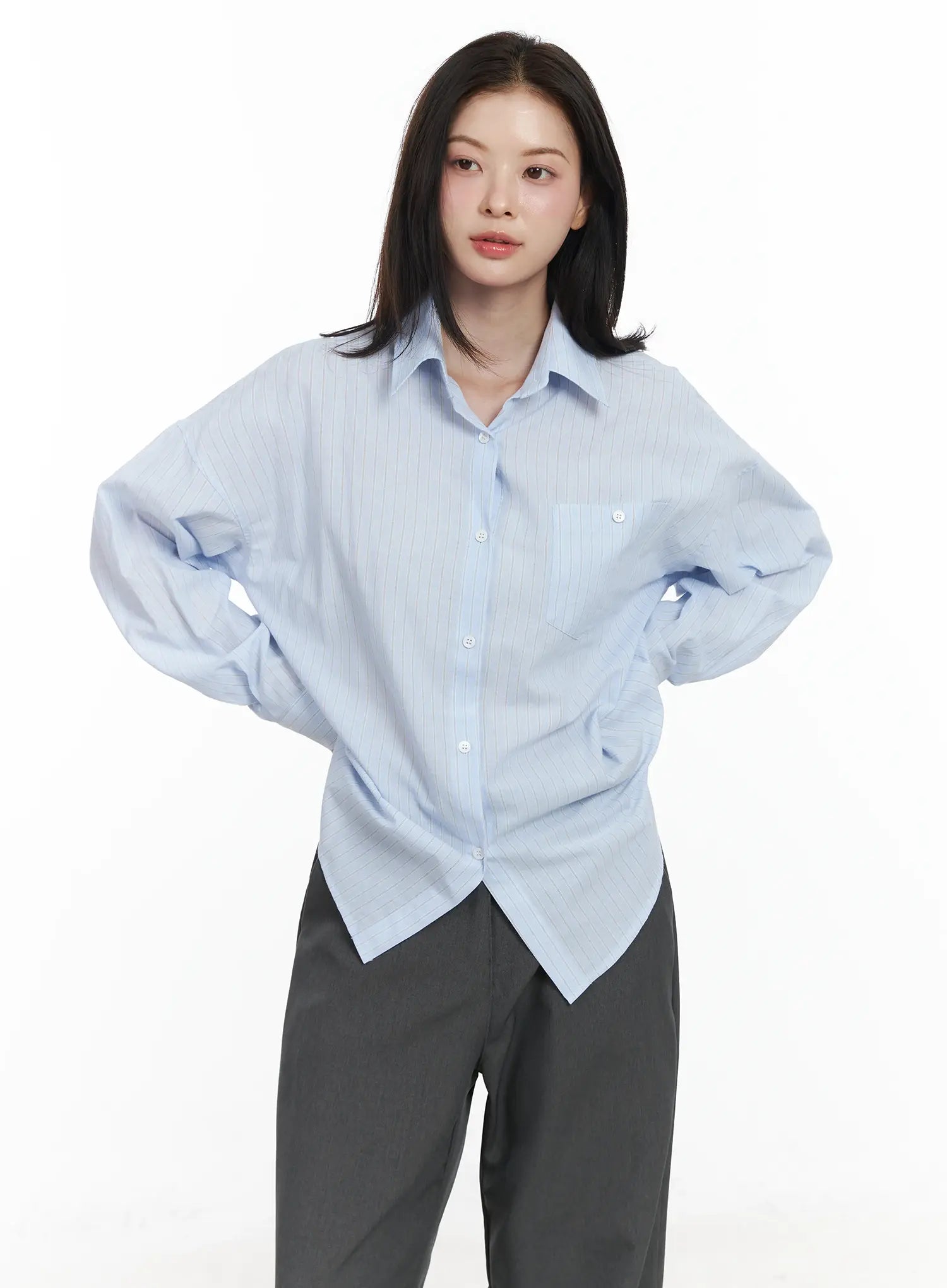 oversized-striped-button-up-shirt-if525 / Light blue