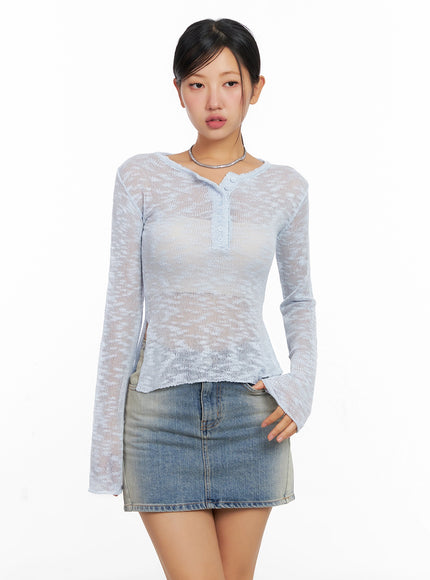 sheer-buttoned-neck-long-sleeve-top-ig527 / Light blue