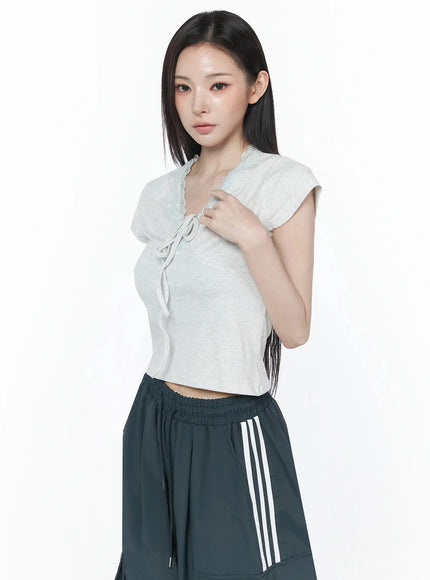 ribbon-lace-short-sleeve-tee-iu512 / Light gray
