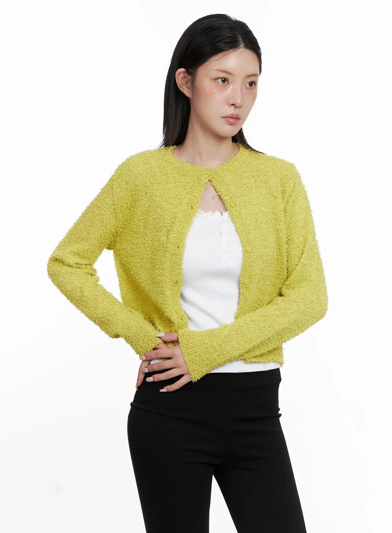 textured-knit-cardigan-is508 / Light green