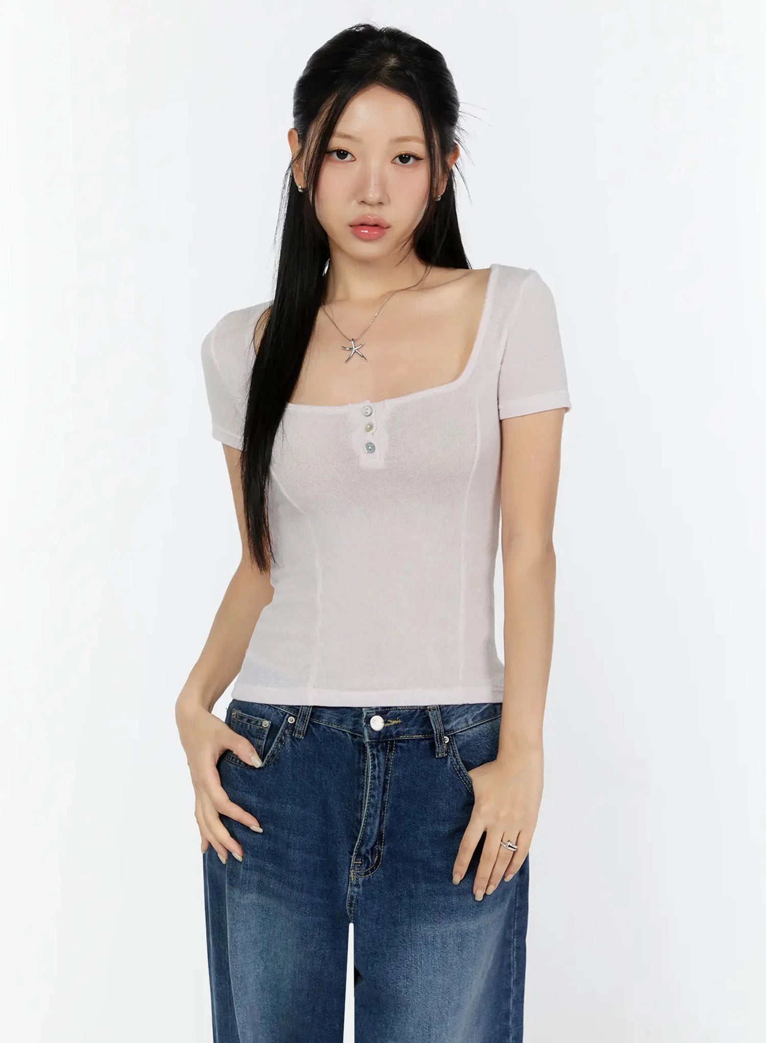 lace-trim-square-neck-top-iu522 / Light pink