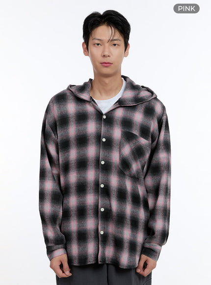 mens-checkered-hooded-cotton-shirt-ig428 / Pink