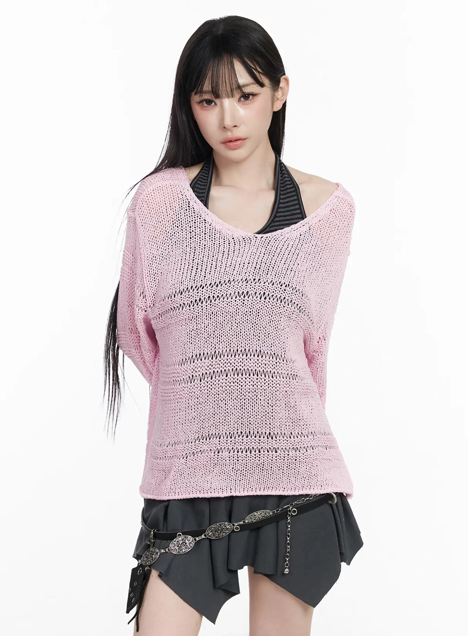 versized-v-neck-knit-sweater-iy511 / Pink