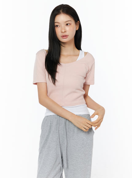 layered-halter-neck-ribbed-tee-iu519 / Pink