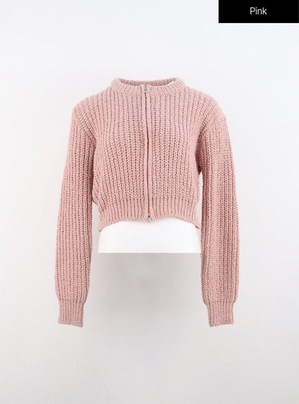 zip-up-waffle-knit-sweater-in314 / Pink