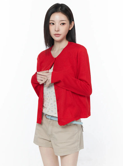 linen-round-neck-cardigan-iu512 / Red