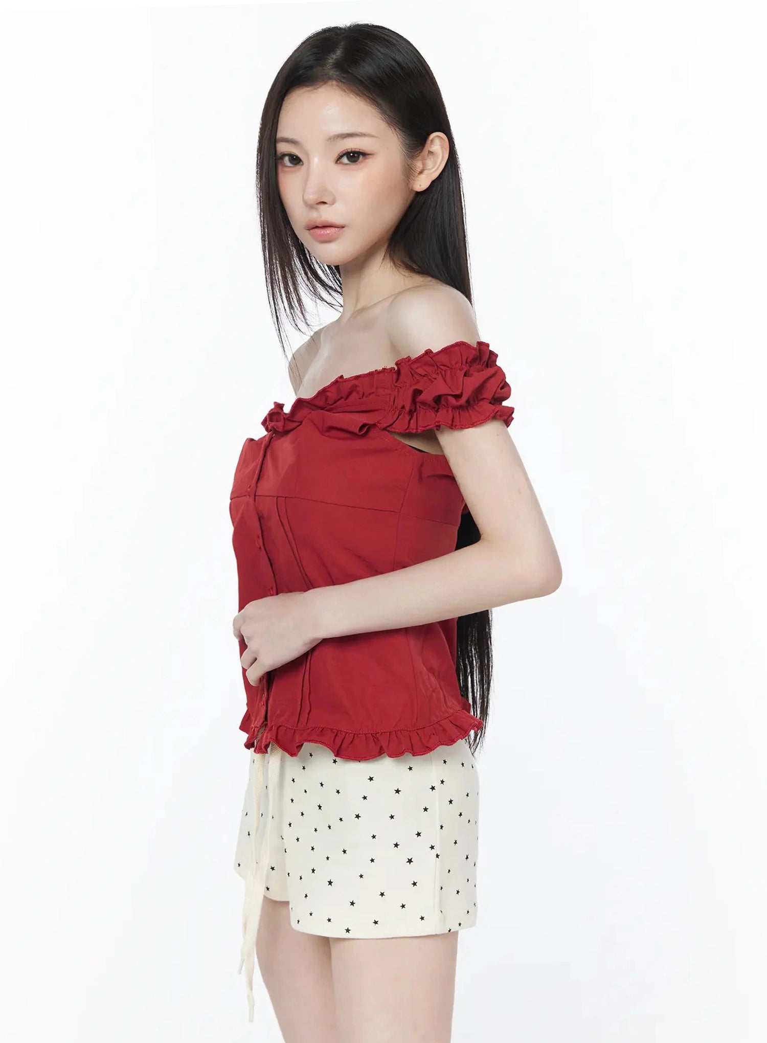 ruffled-off-shoulder-short-sleeve-blouse-iu512 / Red