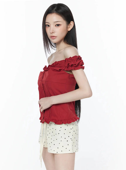ruffled-off-shoulder-short-sleeve-blouse-iu512 / Red