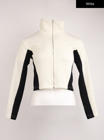 contrasting-high-neck-solid-zipper-cardigan-ij411 / White