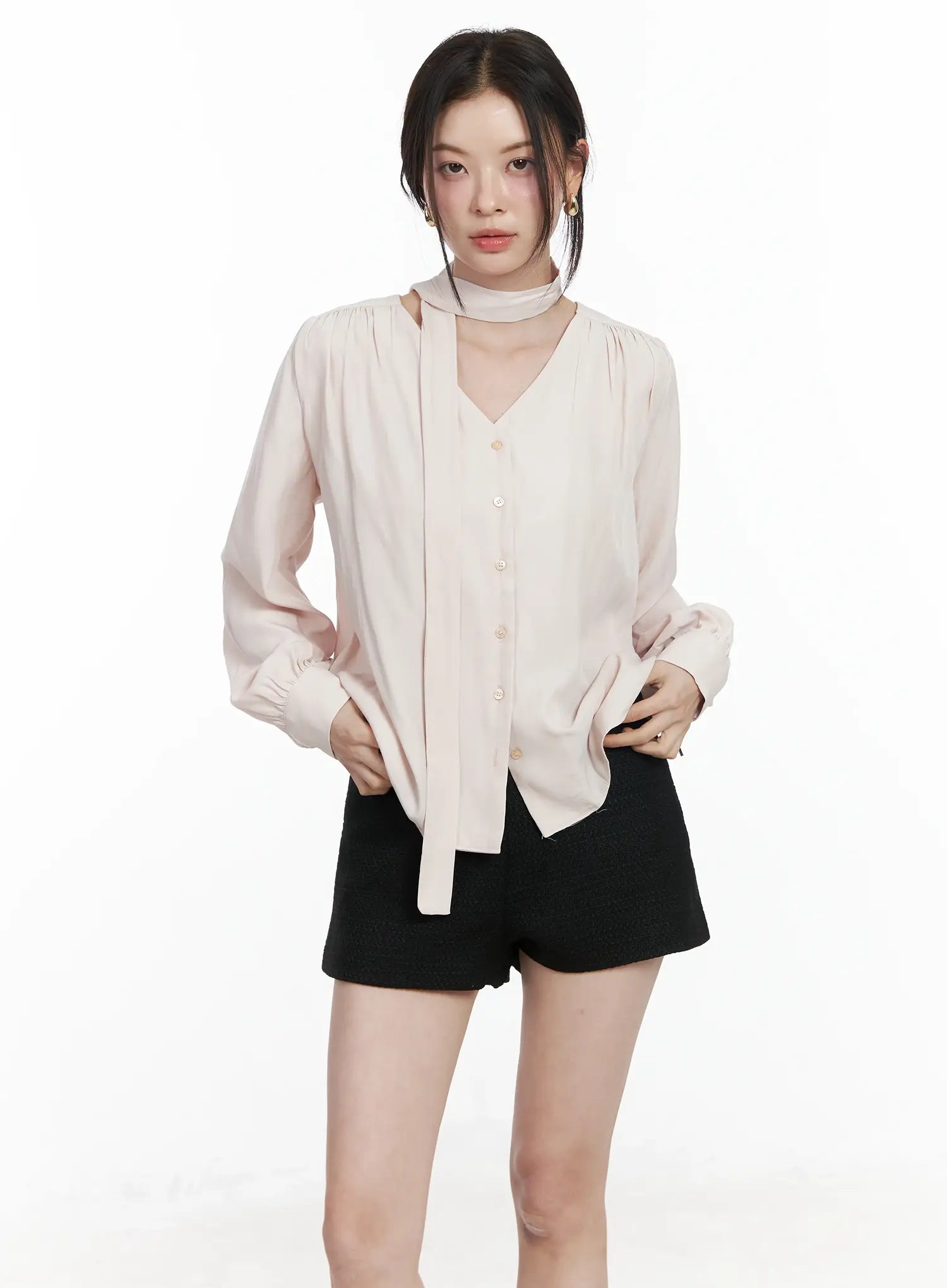 v-neck-shirred-blouse-and-scarf-set-if525