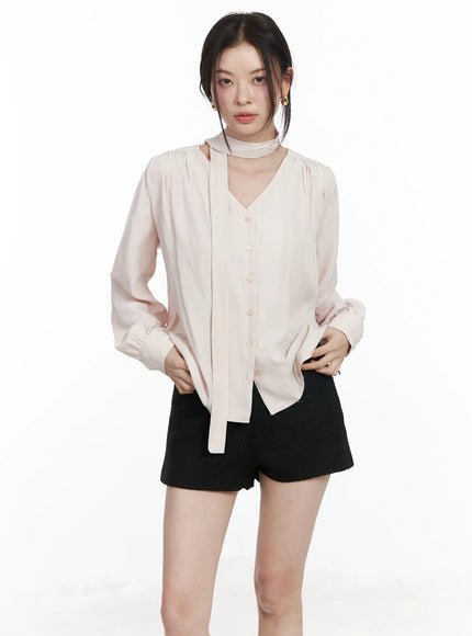 v-neck-shirred-blouse-and-scarf-set-if525