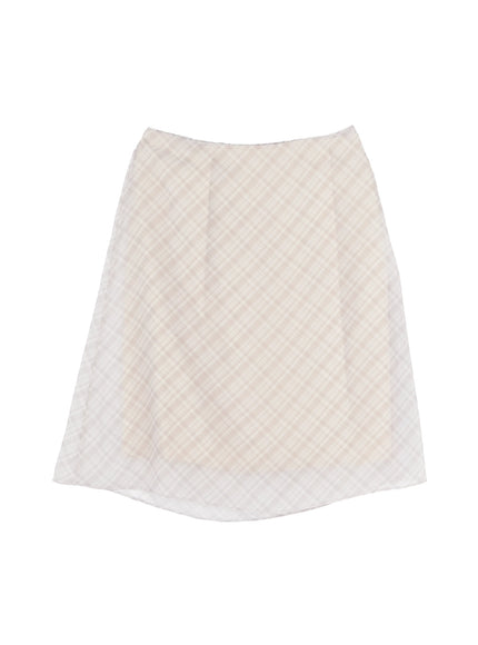 chiffon-flare-plaid-midi-skirt-iy507 / Beige