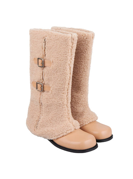 faux-leather-buckle-detail-boots-ij503 / Beige