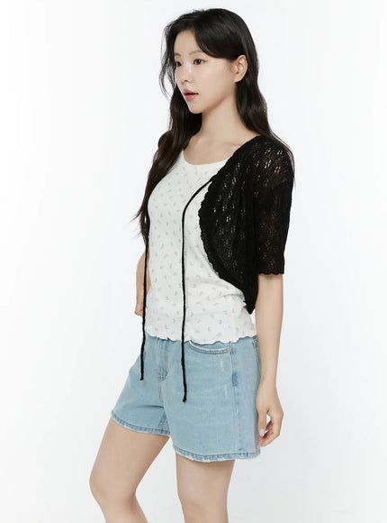 half-sleeve-lace-knit-cardigan-iy507 / Black