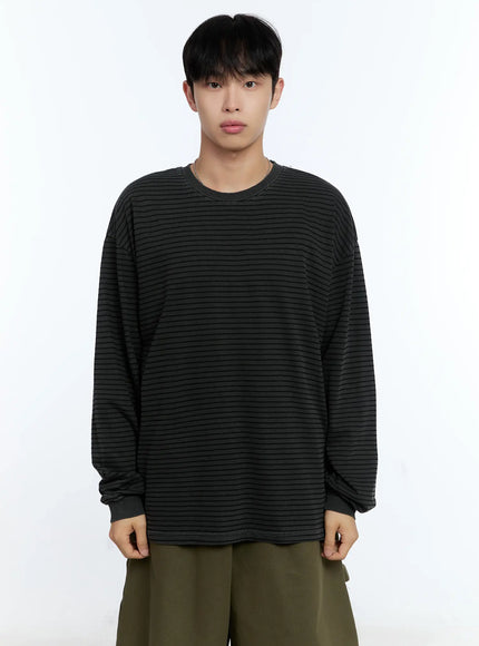 mens-striped-crewneck-long-sleeve-t-shirt-ig519 / Black