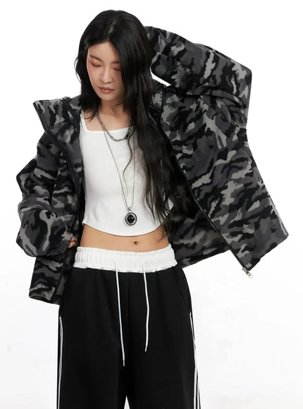 abstract-print-double-zip-fleece-hoodie-in528 / Black