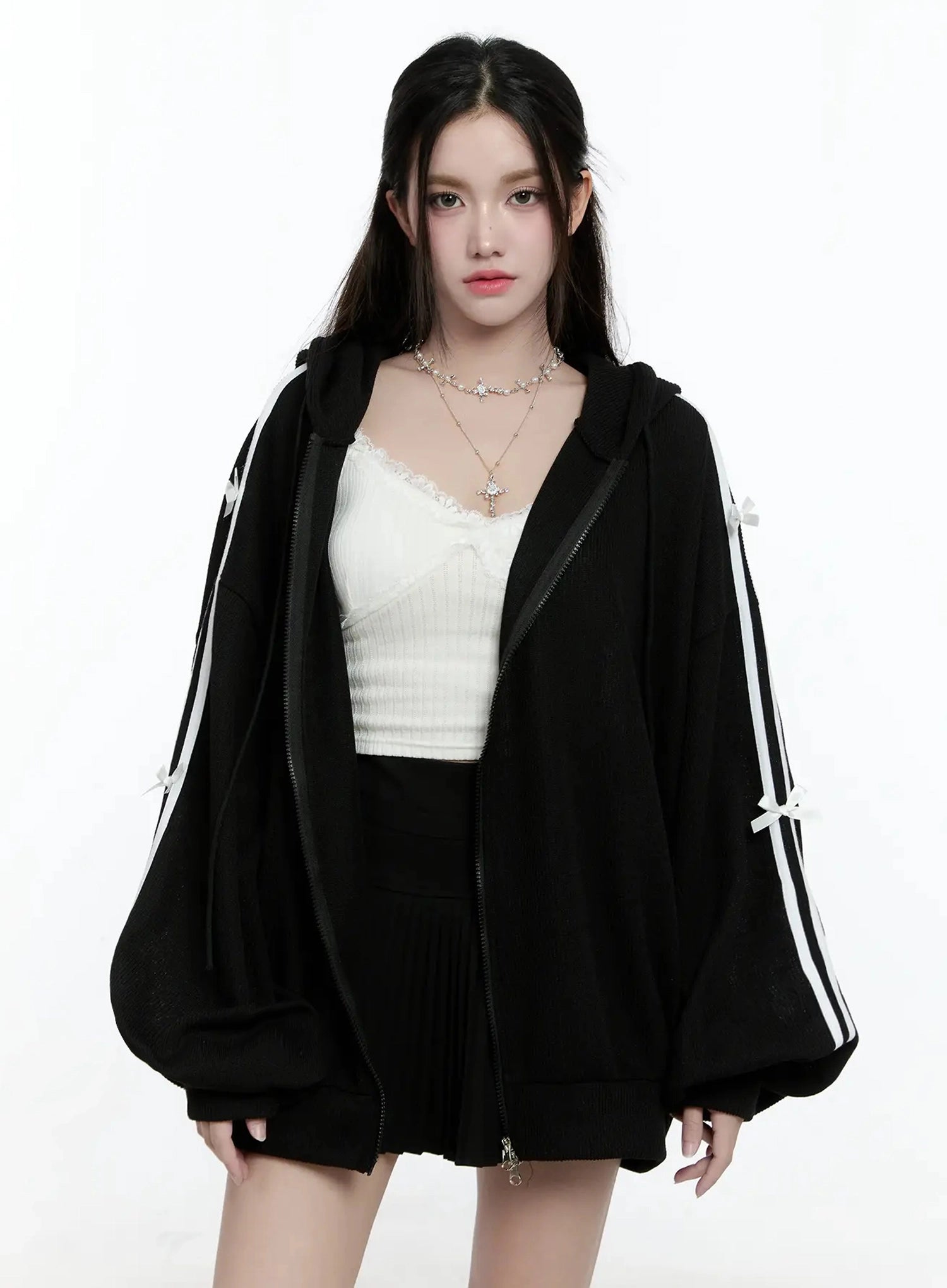 contrast-oversized-zip-up-hoodie-io527 / Black